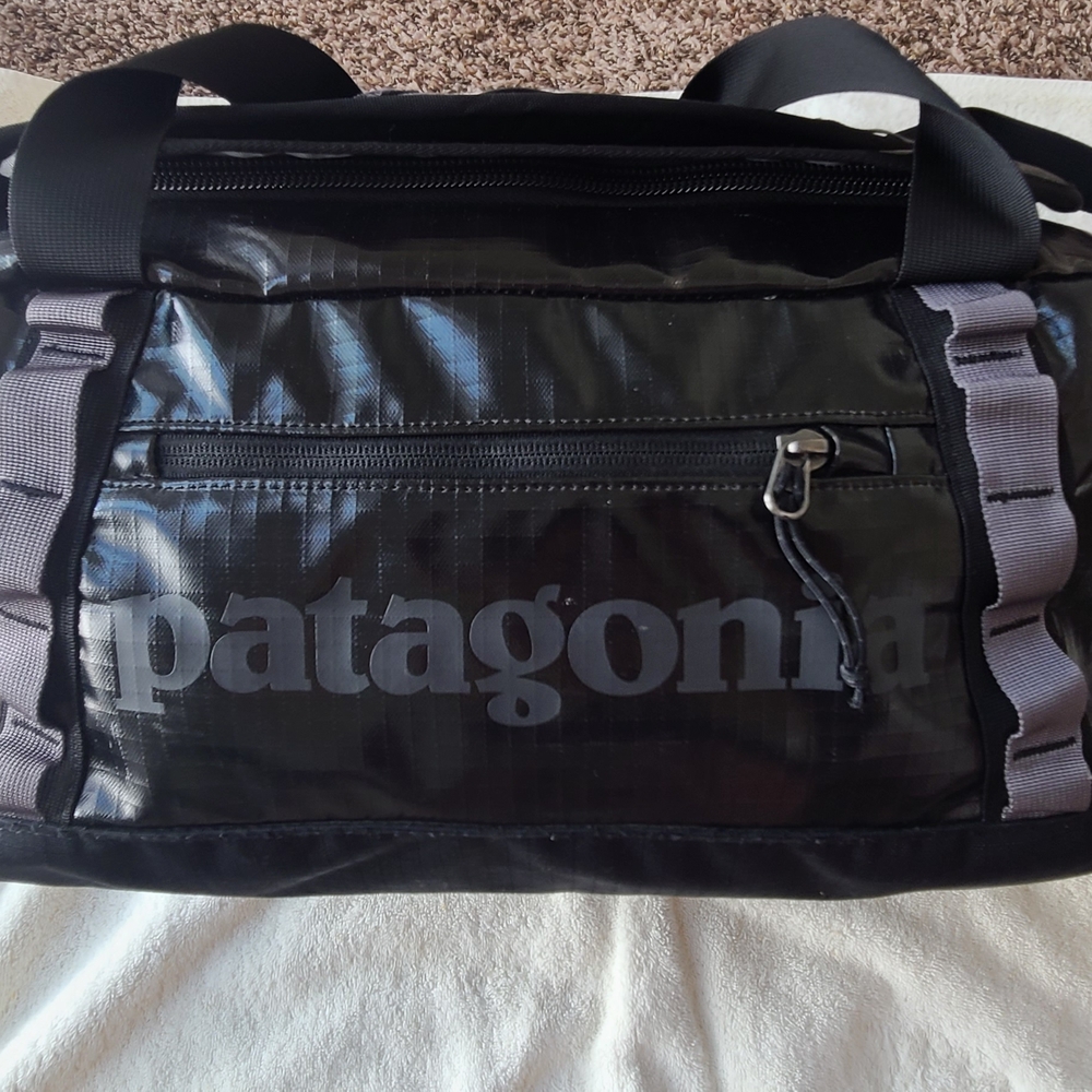 Patagonia Black and Gray Duffel Bag